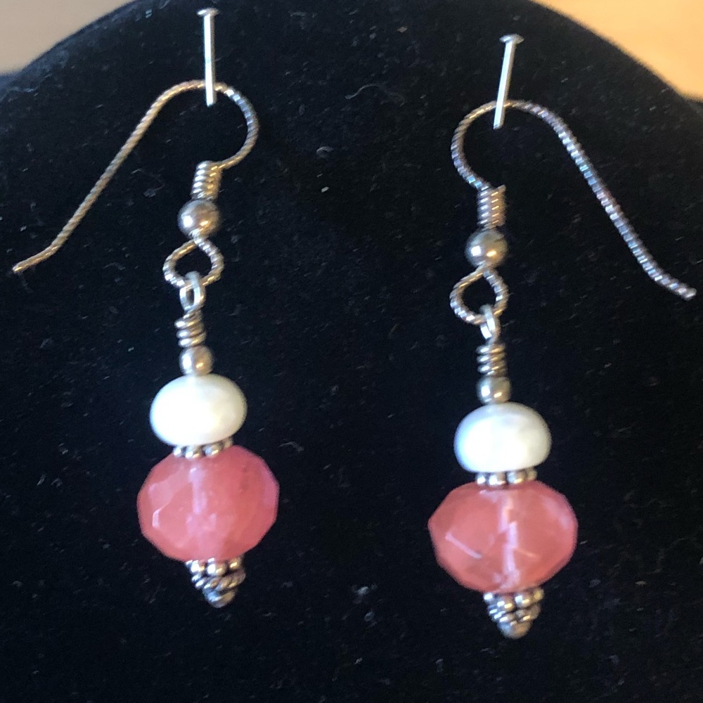 New Cherry Quartz and Freshwater Pearl Silver Earrings